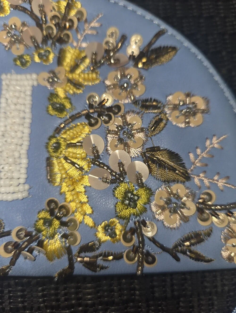 Anthropologie Light Blue Embroidered Floral Tassel Pouch with 'H' Monogram